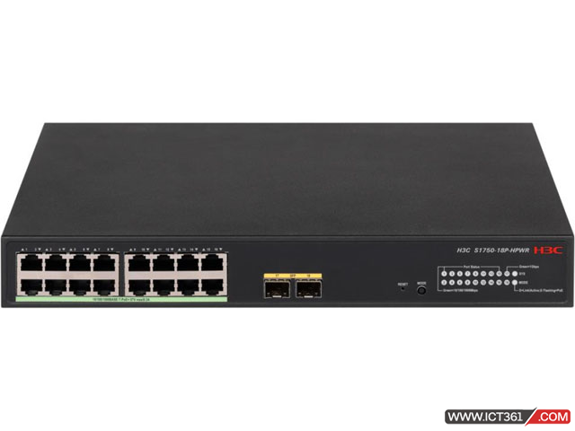 H3C华三S1750-18P-HPWR交换机 LS-1750-18P-HPWR H3C S1750-18P-HPWR L2以太网交换机主机,支持16个10/100/1000 PoE+ BASE-T电口,支持2个100/1000 BASE-X SFP端口,支持AC